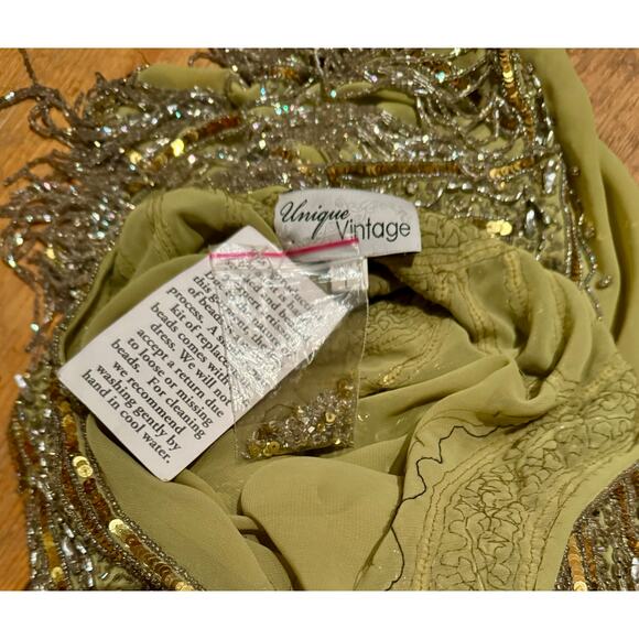Unique Vintage 1920s Green & Silver Embroidered & Hand Beaded 
Flapper Dress (L) - Picture 7 of 9